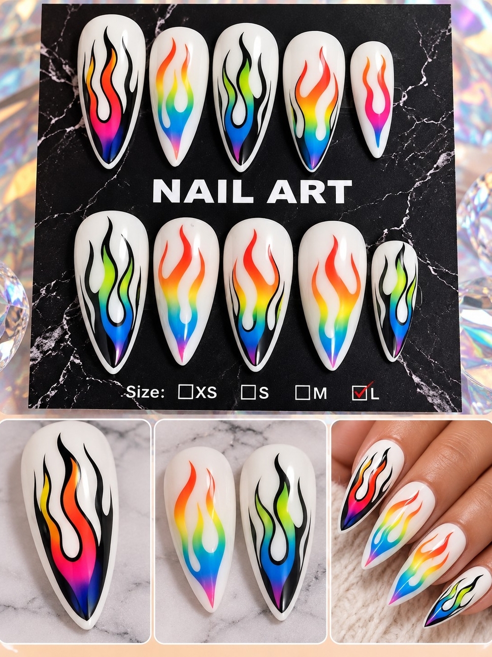 Rainbow Flame Stiletto Press-On Nails - White Background - Sz Large